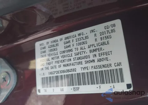 2008 Honda Accord 2.4 Lx из США, поврежденный, VIN 1HGCP26308A084592